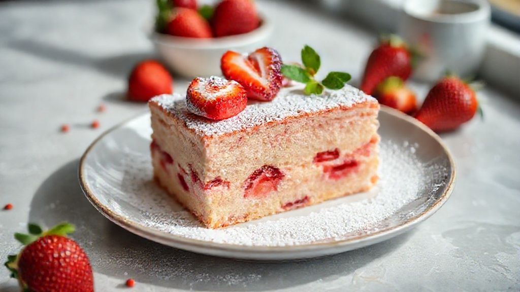 Bolo de morango com leite Ninho decorado com morango inteiro e cobertura cremosa pronta para servir