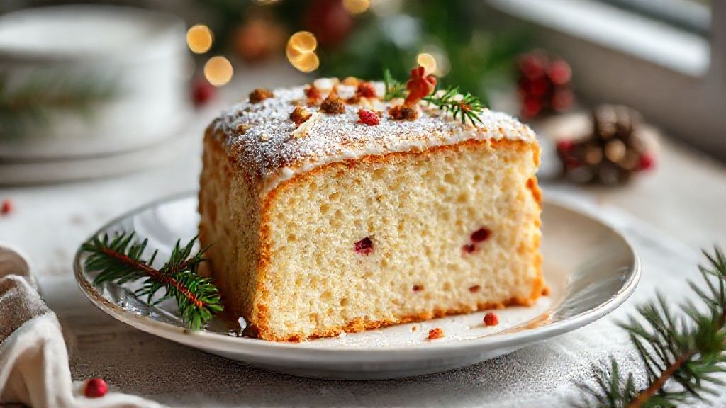 Bolo de Natal fofinho decorado com frutas cristalizadas e açúcar de confeiteiro, pronto para servir na ceia