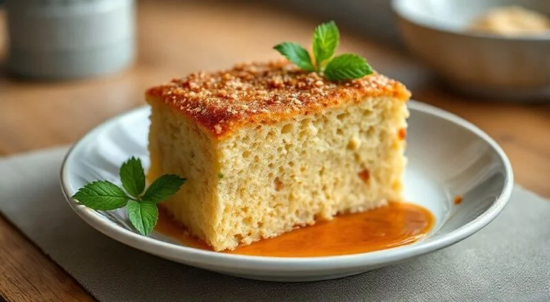 Bolo de puba dourado, com textura úmida e corte mostrando o interior aerado, servido em prato rústico.