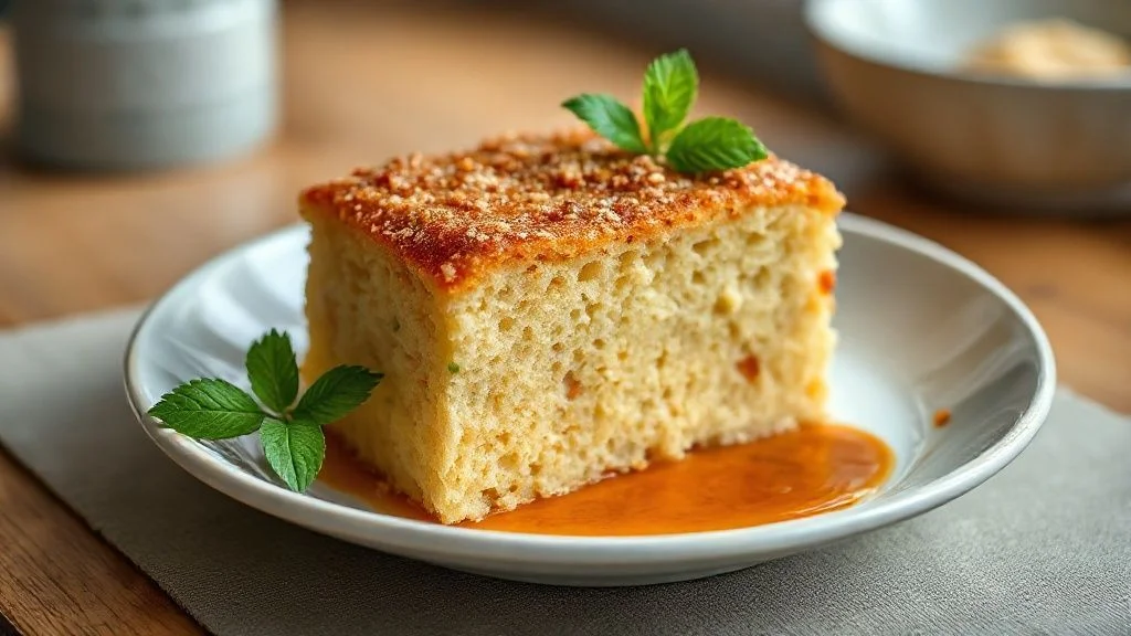 Bolo de puba tradicional dourado e úmido, feito com mandioca fermentada e textura caseira irresistível