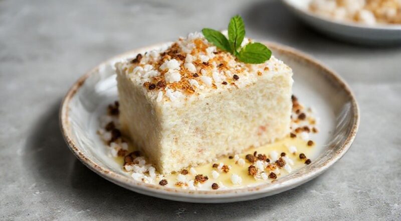 Bolo de tapioca com beijinho pronto, gelado, com camada branca cremosa e coco caramelizado por cima