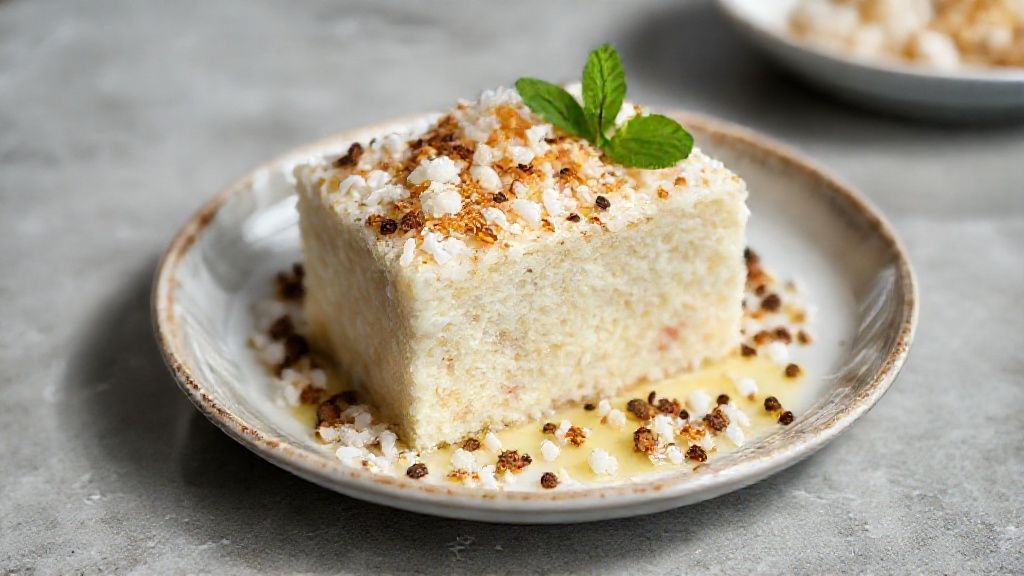 Bolo de tapioca com beijinho gelado e cremoso decorado com lascas de coco e açúcar caramelizado