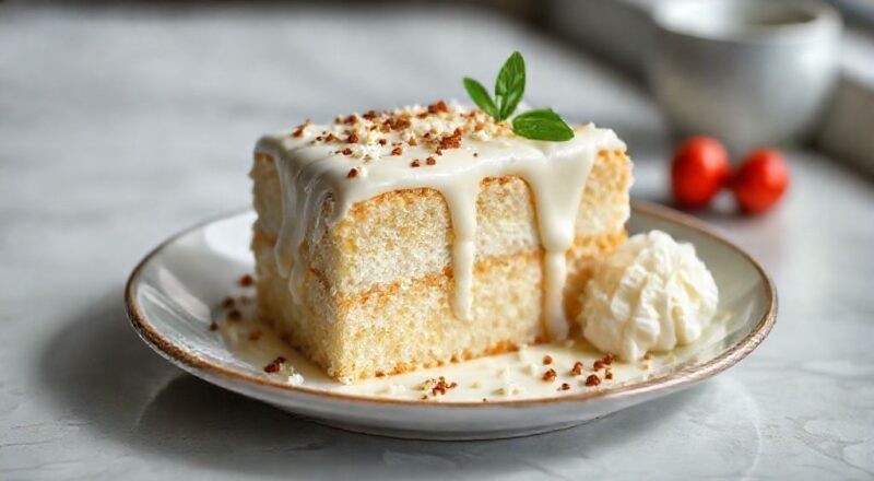 Bolo gelado cremoso servido na travessa, coberto com ganache branca e coco ralado, aparência tropical e elegante
