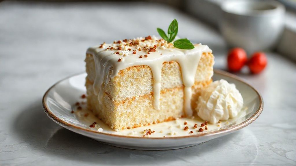 Bolo gelado na travessa com cobertura de chocolate branco e coco ralado, cremoso e convidativo