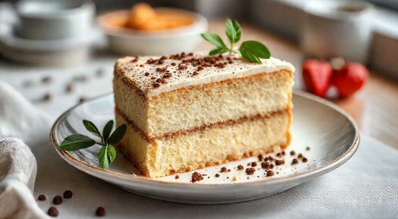 Bolo dourado com textura cremosa e brilho no topo, servido em prato branco e decorado com coco ralado