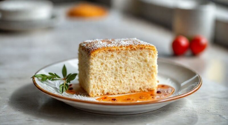 Bolo dourado e macio em prato decorado, com textura leve e cobertura delicada de açúcar