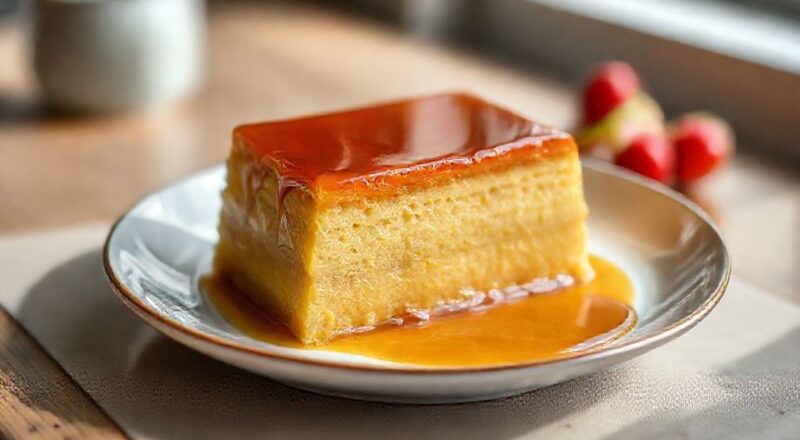 Bolo pudim cremoso com camadas de bolo e pudim, coberto por calda de caramelo brilhante e servido elegantemente