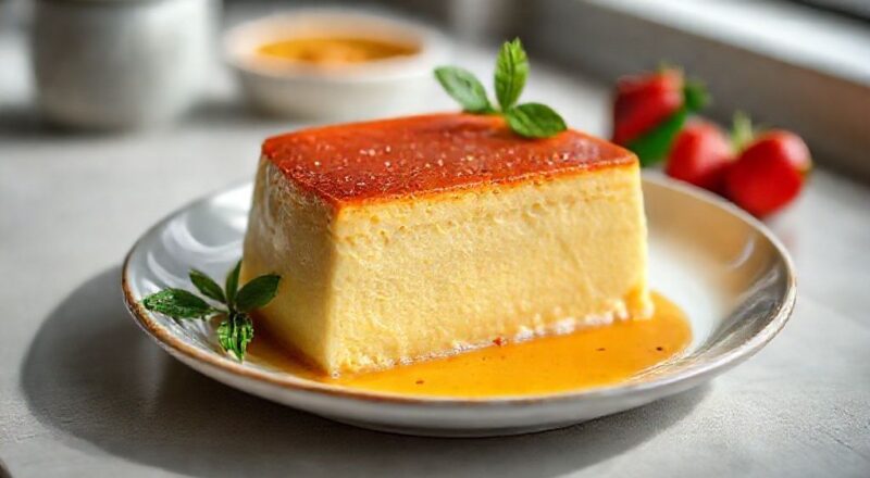 Bolo pudim cremoso dourado e firme por fora, com interior úmido e cremoso, servido sobre prato decorado