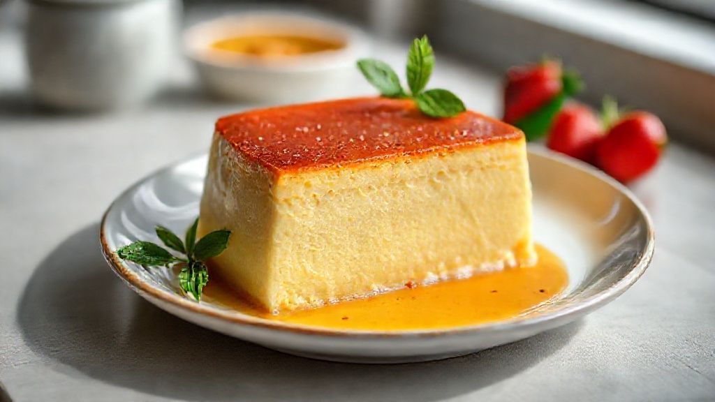 Bolo pudim cremoso dourado e macio, servido em prato branco, mostrando sua camada cremosa e textura irresistível