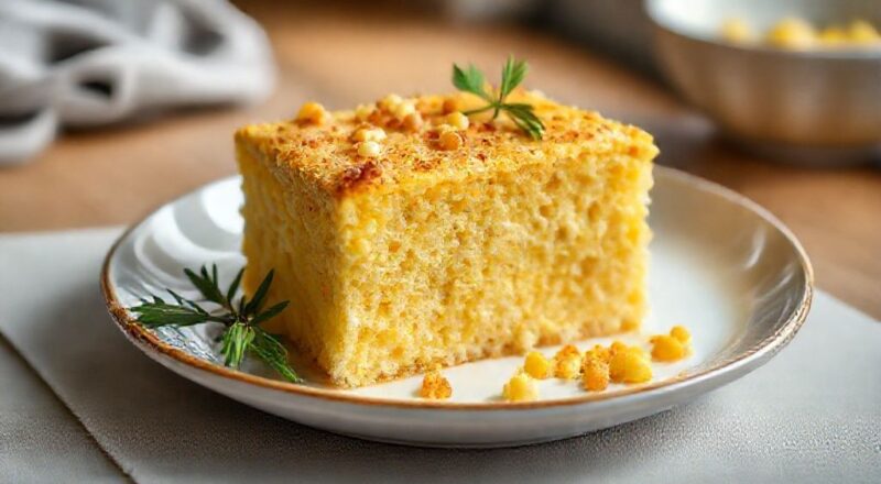 Bolo pudim de milho pronto, com calda dourada e camadas visíveis de bolo e pudim, servido em prato branco sobre mesa rústica