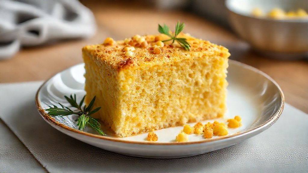 Bolo pudim de milho cremoso com duas camadas bem definidas, calda dourada e textura irresistível