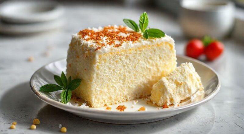 Bolo queijadinha cremoso assado, dourado, com textura úmida e cobertura leve de coco e queijo