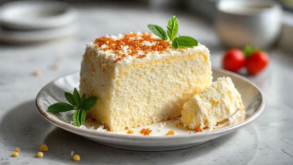 Bolo queijadinha cremoso dourado por fora e úmido por dentro, com coco e queijo derretido