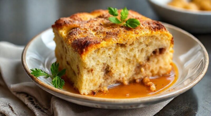 Bolo salgado dourado, macio e recheado com frios, apresentado em prato branco com ervas frescas