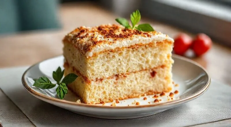 Bolo salgado fofinho dourado, decorado com recheio visível de queijo e presunto, servido em prato elegante