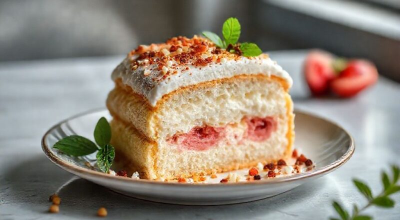 Um bolo sonho fofinho e dourado, com camada de recheio cremoso e polvilhado com açúcar de confeiteiro