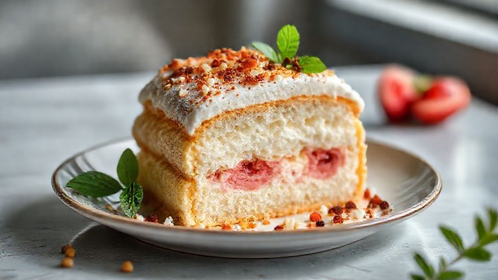 Bolo sonho fofinho recheado inteiro e fatiado, com cobertura de açúcar e textura macia