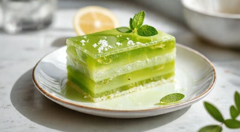 Bolo verde de limão coberto com creme de limão e raspas cítricas, servido de forma elegante e apetitoso