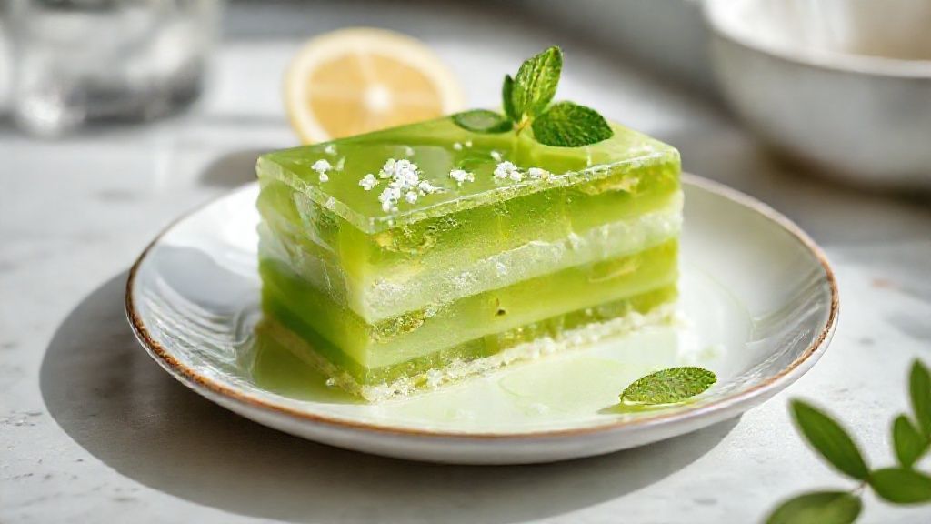 Bolo verde de limão com gelatina coberto com creme de limão e raspas frescas, servido em prato branco