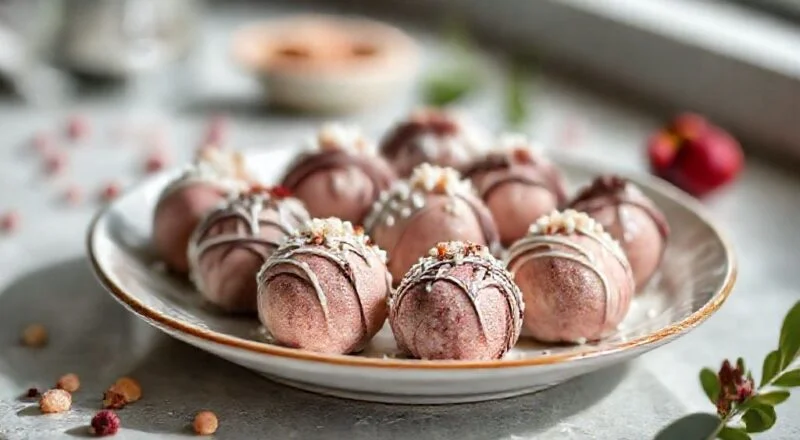 Bombons prestígio caseiros dispostos em um prato, com brilho intenso e recheio de coco visível.