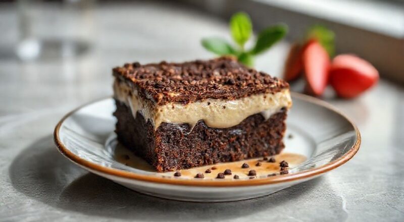 Brownie cremoso cortado em quadrados, com casquinha brilhante e interior denso e úmido, disposto sobre prato rústico