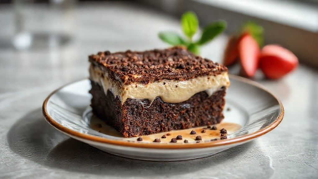 Brownie cremoso com casquinha fina e centro úmido, servido em pedaços quadrados e com aroma intenso de chocolate