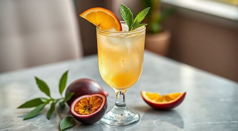 Copo de caipirinha de maracujá gelada com sementes visíveis, decorado com hortelã e limão, em ambiente tropical ensolarado