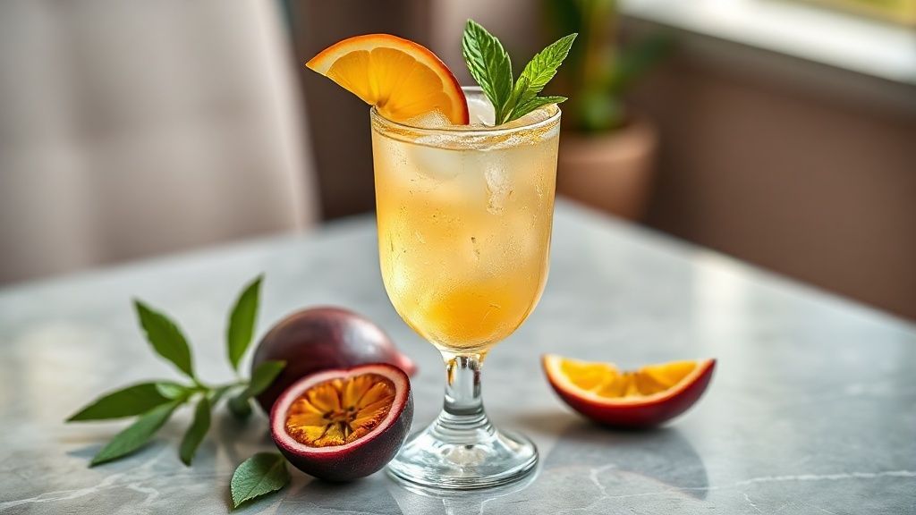 Copo de caipirinha de maracujá pronto com gelo, hortelã e sementes, bebida tropical refrescante e vibrante