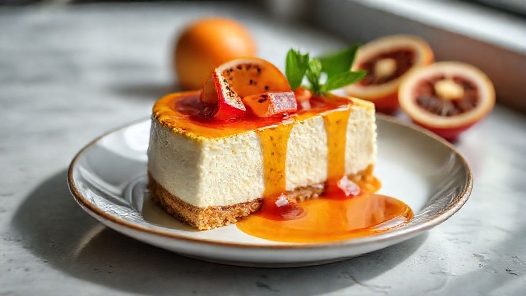 Calda de maracujá dourada e brilhante sendo servida sobre cheesecake, destacando textura e cor vibrante