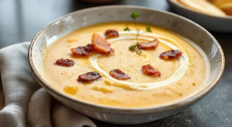 Tigela de caldo de mandioca com bacon bem cremosa, servida quente, com pedaços crocantes e cheiro-verde fresco