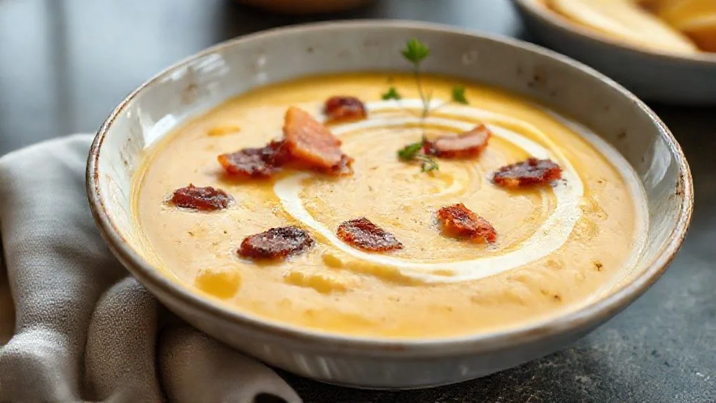 Tigela de caldo de mandioca com bacon cremoso, decorado com cebolinha e pedaços crocantes de bacon