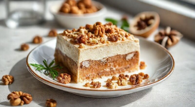 Docinhos finos de camafeu de nozes cobertos por glacê branco e decorados com nozes inteiras sobre prataria elegante