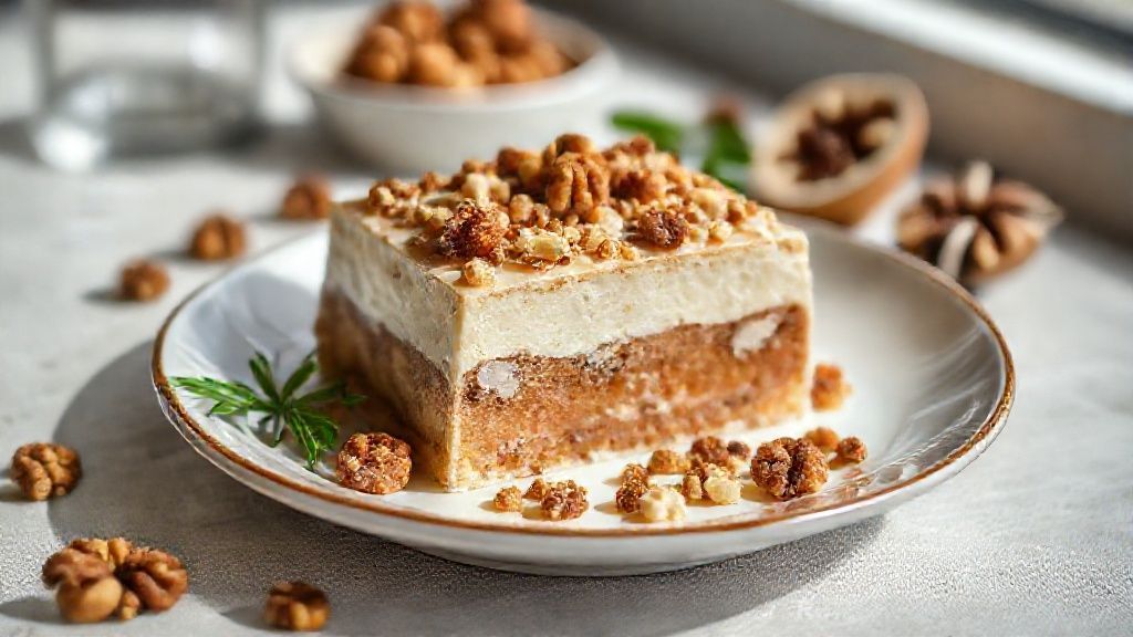 Camafeu de nozes tradicional coberto com glacê branco brilhante e noz inteira decorando o topo