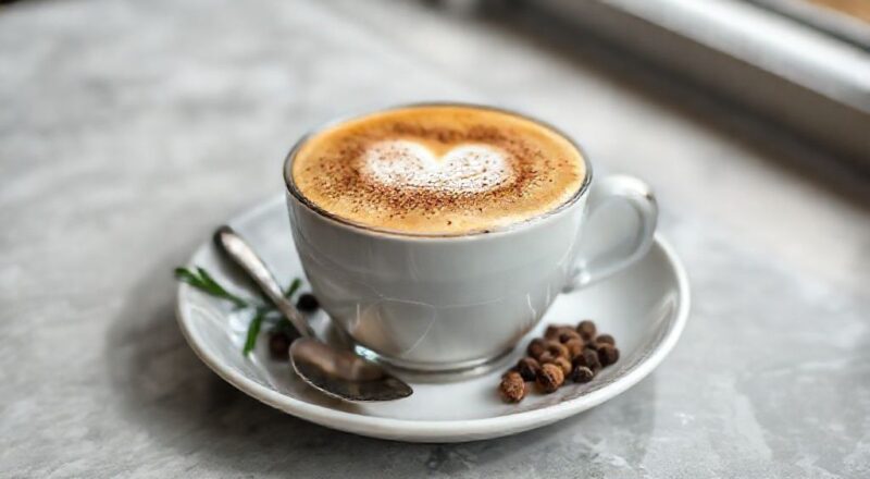 Xícara de capuccino cremoso servido com espuma firme e toque de canela, em ambiente aconchegante