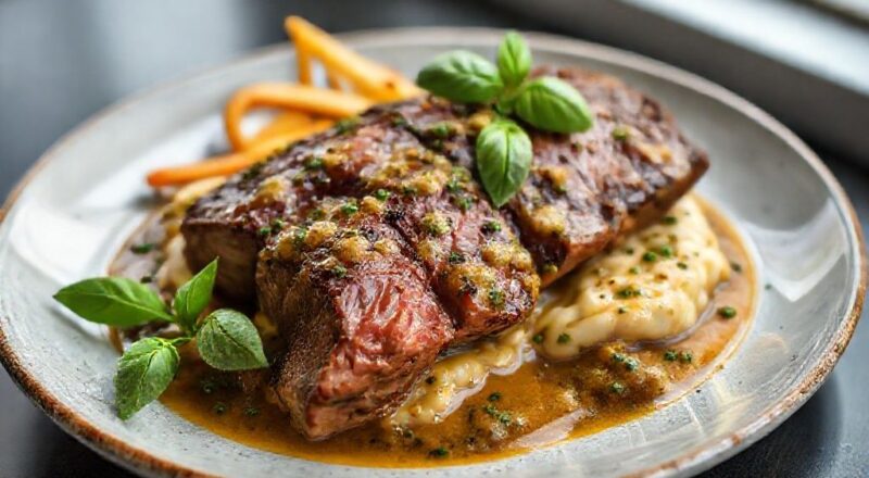 Prato de carne assada fatiada, coberta com molho vermelho encorpado e folhas frescas de manjericão, em um prato elegante