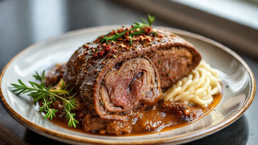 Carne de panela recheada macia e suculenta fatiada, exibindo o recheio colorido de legumes e bacon.