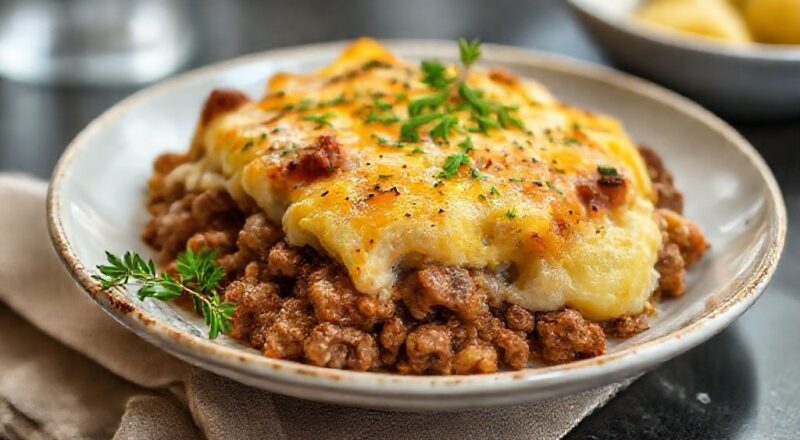 Receita de carne moída com batatas gratinada dourada, com queijo derretido e crocante, servida quente em refratário de vidro