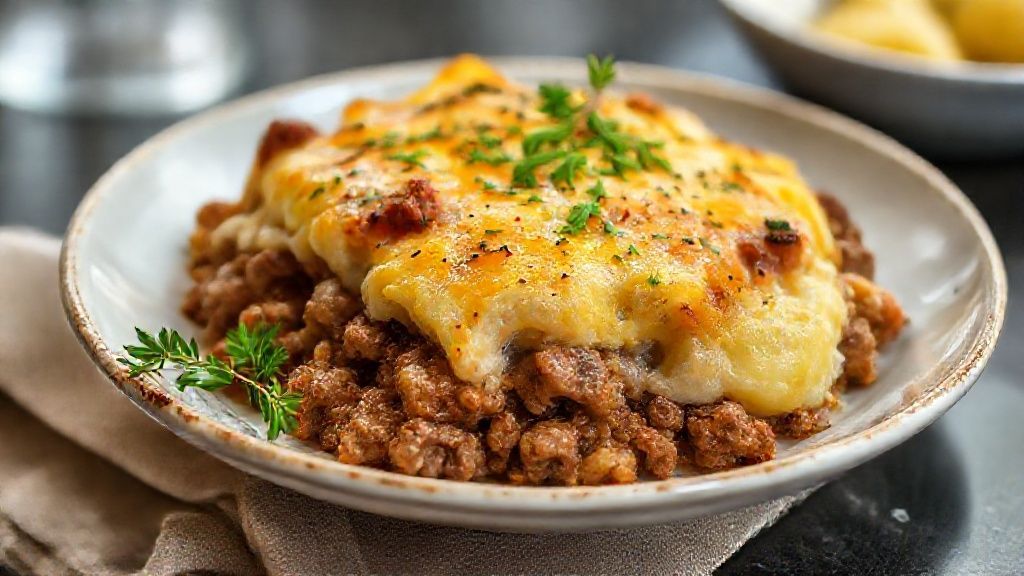 Carne moída com batatas gratinada dourada e suculenta servida em refratário, mostrando o queijo derretido e o toque caseiro