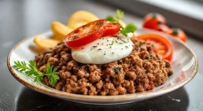 Carne moída suculenta coberta com mussarela derretida e rodelas de tomate, servida ainda quente na panela