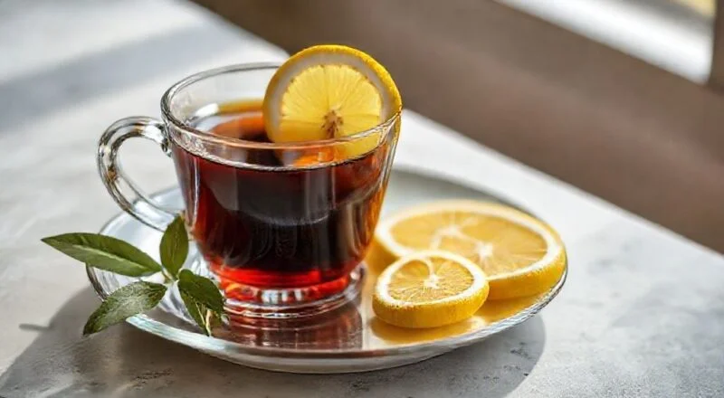 Xícara fumegante de chá preto com limão, decorada com rodelas e servida sobre mesa de madeira clara