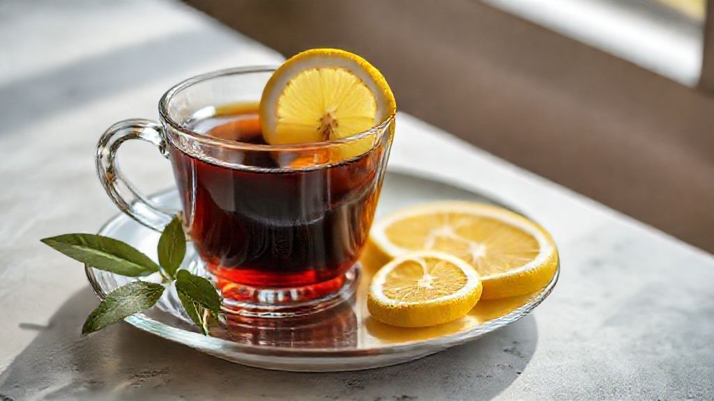 Xícara de chá preto com limão, decorada com rodelas frescas, bebida quente e aromática com toque cítrico