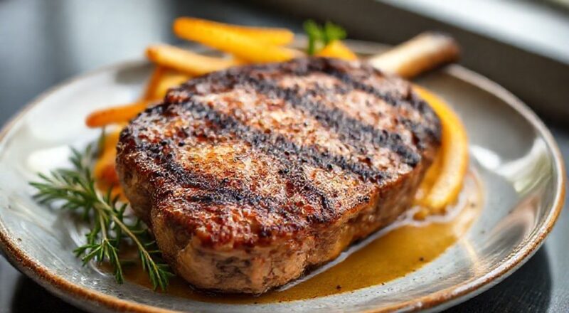 Chuleta bovina grelhada com crosta dourada e interior suculento, servida com batatas e salada