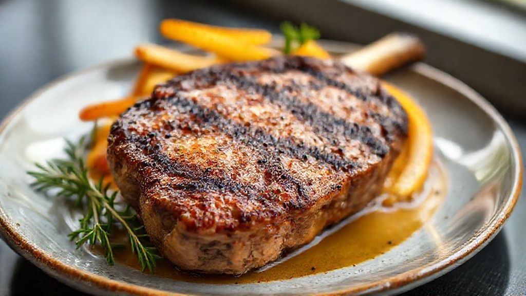 Chuleta grelhada dourada suculenta servida no prato com crosta crocante e acompanhamentos