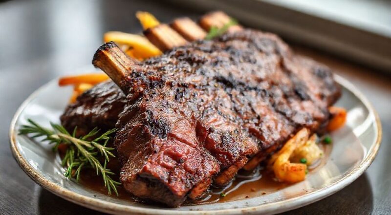 Costela bovina assada e dourada, servida em travessa rústica com legumes assados, suculenta e apetitosa