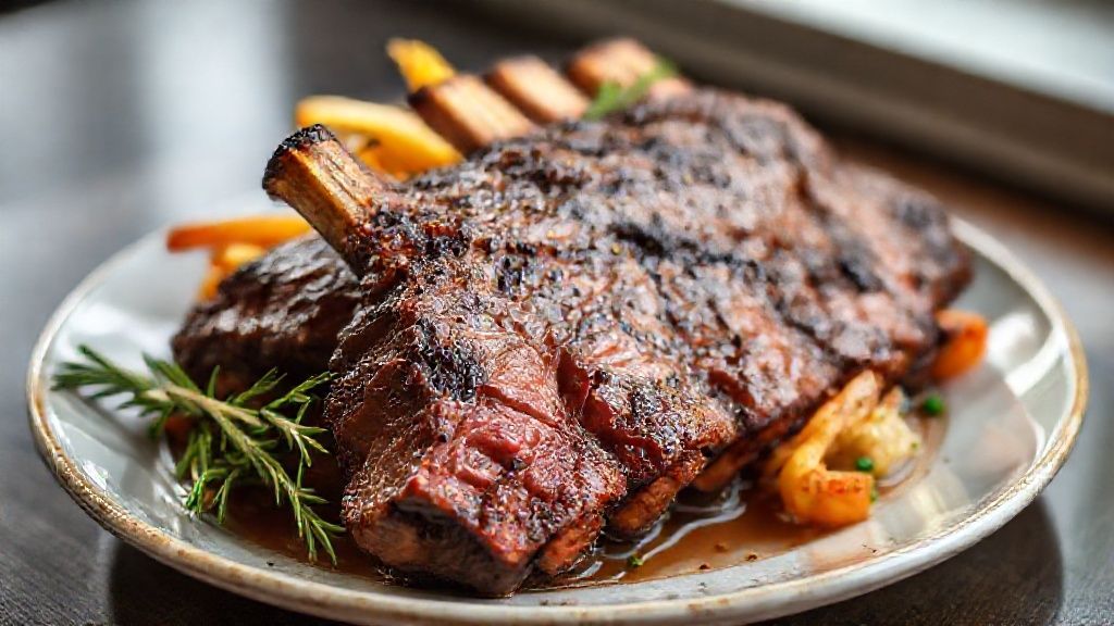 Costela assada suculenta e dourada no forno, com carne macia que se desmancha no osso