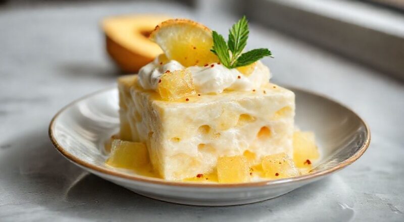 Creme de abacaxi amarelo e brilhante servido em potes de sobremesa com pedaços de fruta e acabamento acetinado