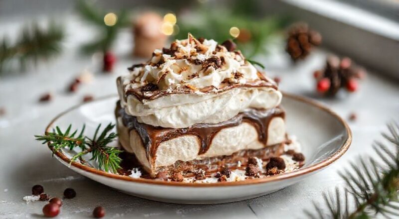 Sobremesa gelada com camadas de creme branco de coco, chocolate e calda de ameixas servida em taça transparente