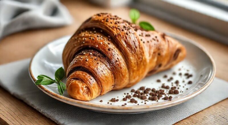 Croissant de chocolate dourado, folhado e recheado com chocolate derretido, servido em prato elegante