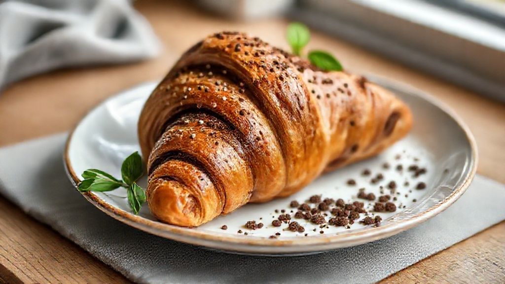 Croissant de chocolate dourado e folhado com recheio cremoso de chocolate derretido