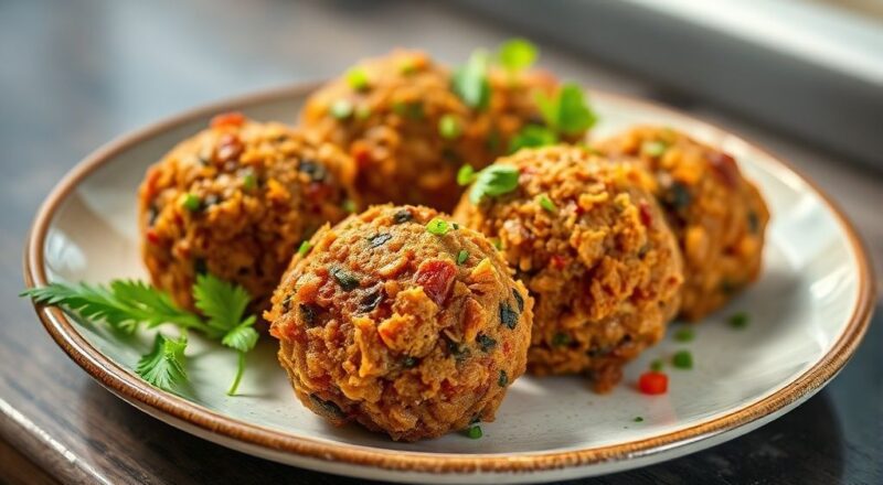 Croquetes dourados e crocantes servidos em prato rústico com limão e molho, prontos para degustar